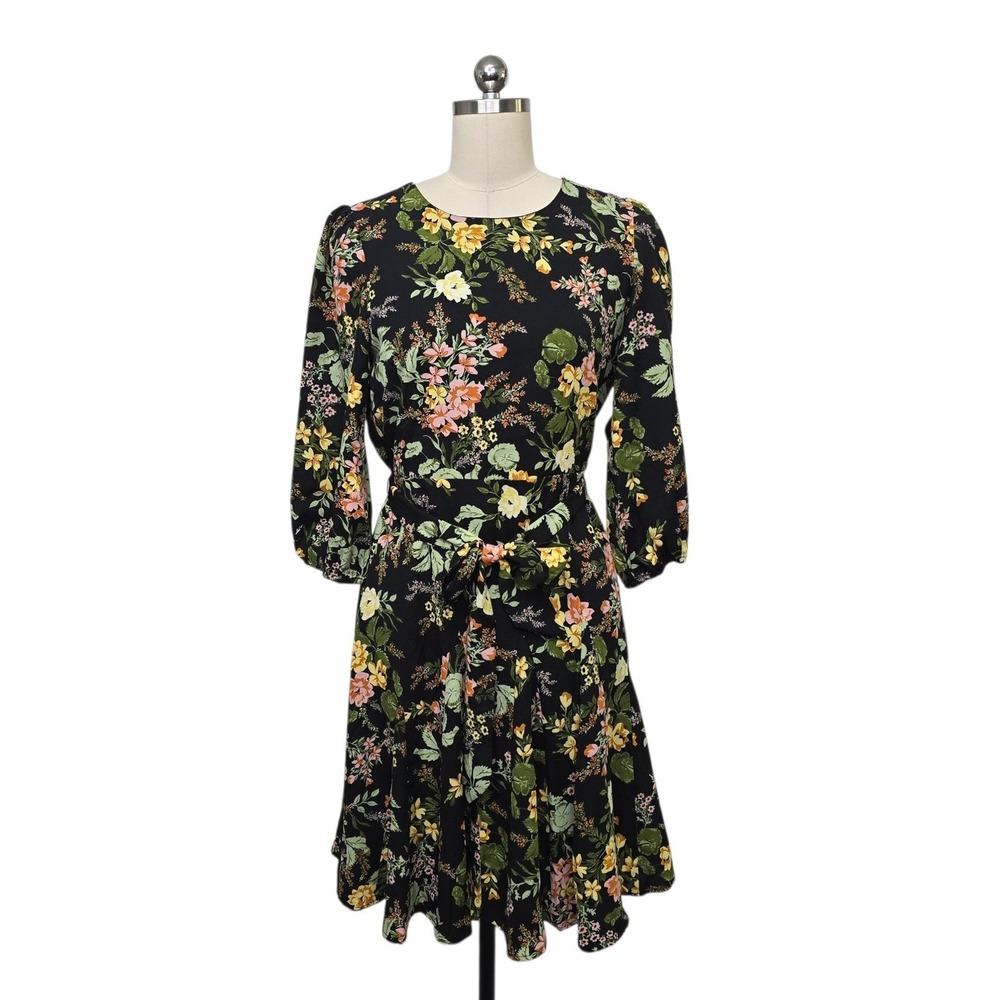 Baltic Born Black Floral Midi Dress 3/4 Sleeve Tie Waist Womens Size Small